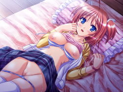 Rule 34 | 1girl, ahoge, akaza, bed, bed sheet, blue bra, blue eyes, blue panties, blue skirt, blush, bow, bow bra, bra, bra pull, breasts, breasts out, brown hair, camisole, camisole lift, censored, clothes lift, clothes pull, female focus, grabbing, hair ornament, hood, hoodie, kouzuka marine, large breasts, long sleeves, looking at viewer, may-be soft, mono gokoro mono musume, mosaic censoring, nipples, open clothes, open hoodie, open mouth, panties, panty pull, pillow, pink camisole, plaid, plaid skirt, pussy, sheet grab, short hair, short twintails, skirt, skirt lift, solo, striped bra, striped clothes, striped panties, thighhighs, twintails, underwear, watch, white bra, white thighhighs, wing hair ornament, wristwatch, yellow hoodie
