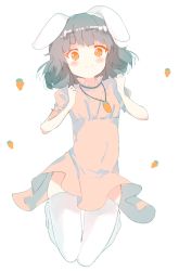 Rule 34 | 1girl, alternate eye color, animal ears, bad id, bad twitter id, black hair, black theme, blush, carrot, dress, glowing, glowing eyes, inaba tewi, jewelry, jumping, looking at viewer, looking down, necklace, orange eyes, pale color, pink dress, pokan (xz1128), puffy sleeves, rabbit ears, short hair, short sleeves, simple background, smile, solo, thighhighs, touhou, white background, white thighhighs, wind, wind lift, zettai ryouiki
