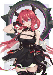 Rule 34 | 1girl, arknights, arm up, armband, bare shoulders, belt, black belt, black dress, black thighhighs, breasts, cleavage, commentary, cowboy shot, dress, hair between eyes, horns, infection monitor (arknights), kaizeru, large breasts, long hair, looking at viewer, purple eyes, red hair, short dress, solo, standing, surtr (arknights), thighhighs, very long hair, zettai ryouiki
