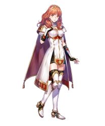 Rule 34 | 1girl, arm guards, armor, armored boots, black thighhighs, boots, breastplate, cape, celica (fire emblem), detached collar, dress, earrings, fingerless gloves, fire emblem, fire emblem echoes: shadows of valentia, fire emblem heroes, fujikawa arika, full body, gloves, hair ornament, hairband, hand on own chest, highres, jewelry, long hair, looking at viewer, nintendo, official art, puffy sleeves, red armor, red eyes, red hair, short sleeves, solo, thighhighs, tiara, transparent background, white armor, zettai ryouiki