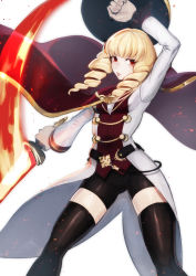 Rule 34 | 1girl, bike shorts, blonde hair, breasts, cape, deadpan, drill hair, erika wagner, fire, fire, hand on own hip, highres, holding, holding weapon, long hair, red eyes, shield, simple background, small breasts, solo, sword, thighhighs, twin drills, twintails, udakyo, under night in-birth, weapon, white background, zettai ryouiki