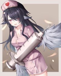 Rule 34 | 1girl, animal ears, bird ears, black hair, blush, breasts, button gap, cleavage, commentary request, feathers, harpy, hat, heart, highres, ichiyo tsuyu (glacia glagla), large syringe, long hair, looking at viewer, medium breasts, monster girl, nurse, nurse cap, open mouth, original, oversized object, pink shirt, pink skirt, red eyes, shirt, skirt, syringe, white feathers, white wings, winged arms, wings
