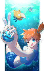 Rule 34 | 1girl, ;d, absurdres, bad id, bad pixiv id, blue nails, blue shorts, bubble, character name, commentary request, creatures (company), dive ball, game freak, gen 1 pokemon, hair tie, highres, holding, holding poke ball, looking to the side, misty (pokemon), nail polish, nintendo, one eye closed, open mouth, orange hair, poke ball, pokemon, pokemon (creature), pokemon lgpe, psyduck, shoes, shorts, side ponytail, smile, starmie, takom, tongue, underwater