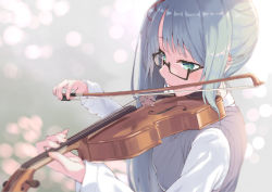 Rule 34 | .live, 1girl, black-framed eyewear, blue hair, blush, breasts, character request, closed mouth, commentary request, fingernails, glasses, green eyes, hands up, holding, holding instrument, holding violin, instrument, jonsun, kagura suzu (.live), long hair, long sleeves, looking away, medium breasts, music, playing instrument, semi-rimless eyewear, shirt, solo, sweater vest, under-rim eyewear, very long hair, violin, virtual youtuber, white shirt