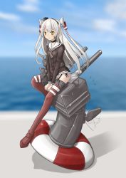 Rule 34 | 10s, 1girl, amatsukaze (kancolle), dress, highres, kantai collection, kuronekozero, lifebuoy, long hair, looking at viewer, ocean, rensouhou-chan, rensouhou-kun, short dress, silver hair, sitting, striped clothes, striped thighhighs, swim ring, thighhighs, two side up, yellow eyes