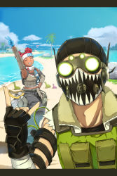 Rule 34 | 1boy, 1girl, animification, apex legends, apmix, beach, black gloves, black headwear, black pants, blue gloves, breasts, brown tank top, cargo pants, cloud, dark-skinned female, dark skin, detached sleeves, double bun, fingerless gloves, gloves, goggles, green vest, hair bun, headband, heart, highres, island, letterboxed, lifeline (apex legends), m/, mask, mouth mask, nessie (respawn), octane (apex legends), one eye closed, palm tree, pants, sitting, sky, small breasts, smile, storm point (apex legends), stuffed toy, tank top, tree, tropical, v, vest, white headband