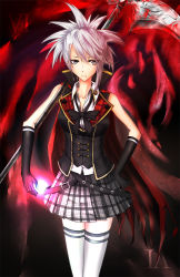 Rule 34 | 1girl, alternate costume, blood, blue eyes, cape, collarbone, final fantasy, final fantasy type-0, hair over one eye, long hair, looking at viewer, ponytail, roman numeral, school uniform, scythe, sice (fft-0), silver hair, skirt, solo, thighhighs, weapon, white thighhighs, zettai ryouiki