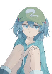 Rule 34 | 1girl, absurdres, blue eyes, blue hair, commentary request, flat cap, green hat, hair bobbles, hair ornament, hat, highres, kawashiro nitori, knees up, long sleeves, looking at viewer, open mouth, short hair, simple background, sitting, solo, touhou, two side up, white background, xp543387