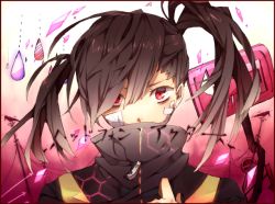 Rule 34 | 1girl, aikawa sakuko, bad id, bad pixiv id, bandaid, bandaid on face, black hair, collared jacket, enomoto takane, face, headphone actor (vocaloid), jacket, kagerou project, long hair, looking at viewer, messy hair, red eyes, solo, twintails, vocaloid