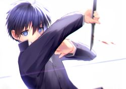 Rule 34 | 1boy, bad id, bad pixiv id, black hair, blue coat, blue eyes, coat, eyebrows hidden by hair, highres, holding, holding knife, holding weapon, incoming attack, ji-logg, knife, school uniform, simple background, solo, tohno shiki, tsukihime, upper body, weapon, white background