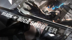 Rule 34 | 10s, 1girl, bad id, bad pixiv id, black gloves, black hair, black rock shooter, black rock shooter (character), blue eyes, blurry, character name, copyright name, depth of field, dutch angle, gloves, glowing, glowing eye, glowing eyes, highres, long hair, looking at viewer, solo, swd3e2, twintails