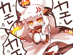 Rule 34 | 10s, 1girl, abyssal ship, ahoge, anger vein, angry, black panties, blush, dress, fangs, fire, highres, kantai collection, long hair, mittens, nanateru, northern ocean princess, open mouth, orange eyes, own hands together, panties, renkonan, side-tie panties, solo, tears, thigh strap, underwear, white dress, white hair