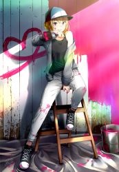 Rule 34 | 1girl, artist request, bad id, bad pixiv id, baseball cap, between legs, black footwear, black shirt, blonde hair, blouse, day, green eyes, grey jacket, grin, hand between legs, hat, highres, holding, holding brush, jacket, long sleeves, off shoulder, open clothes, open jacket, outdoors, paint on clothes, paint splatter, paint splatter on face, painting (action), pants, shirt, short hair, signature, sitting, sleeveless, sleeveless shirt, smile, solo