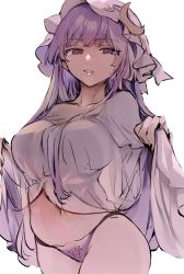 Rule 34 | 1girl, breasts, clothes lift, collarbone, commentary request, crescent moon, dress, dress lift, fingernails, hat, highres, large breasts, long fingernails, long hair, long sleeves, looking at viewer, mob cap, moon, navel, open mouth, panties, patchouli knowledge, pink hat, purple dress, purple eyes, purple hair, purple hat, purple panties, risui (suzu rks), simple background, solo, standing, touhou, underwear, white background