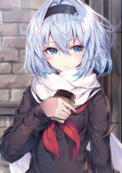 Rule 34 | 1girl, black shirt, blue eyes, blue hair, blush, brick wall, commentary request, cup, disposable cup, fal maro, hair between eyes, hair ornament, highres, holding, holding cup, long sleeves, looking away, neckerchief, red neckerchief, ryuuou no oshigoto!, scarf, shirt, short hair, snowflake hair ornament, solo, sora ginko, upper body, white scarf