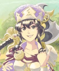 Rule 34 | 1girl, armor, axe, black hair, breastplate, fire emblem, fire emblem: genealogy of the holy war, fire emblem heroes, forest, hat, highres, kenmei slg, larcei (fire emblem), larcei (scion) (fire emblem), looking at viewer, nature, nintendo, official alternate costume, open mouth, short hair, shoulder armor, sidelocks, smile, solo, tomboy, tree, upper body
