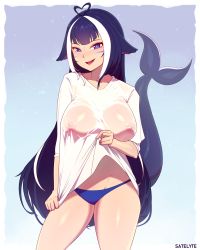 Rule 34 | 1girl, absurdres, ahoge, black hair, blue eyes, breasts, cetacean tail, clothes lift, covered erect nipples, facial mark, fins, fish tail, heart, heart ahoge, highres, indie virtual youtuber, large breasts, multicolored hair, nipples, orca girl, panties, satelyte, see-through, shirt, shirt lift, shylily, solo, tail, two-tone hair, underwear, virtual youtuber, wet, wet clothes, wet shirt, white hair