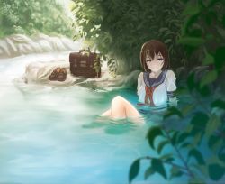Rule 34 | 1girl, arm support, arms behind back, bag, blue eyes, brown hair, day, forest, in water, kome (okome-smile), loafers, long hair, looking at viewer, nature, neckerchief, original, outdoors, partially submerged, plant, river, school bag, school uniform, see-through, serafuku, shoes, unworn shoes, short sleeves, sitting, solo, water, wet, wet clothes, wet hair