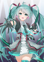 Rule 34 | 1girl, :d, absurdres, antenna hair, aqua eyes, aqua hair, azusa (azunyan12), black gloves, black necktie, cowboy shot, dress, gloves, gradient background, hair ornament, hand in hand (vocaloid), hatsune miku, headpiece, highres, holding, long hair, looking at viewer, magical mirai (vocaloid), magical mirai miku, magical mirai miku (2015), microphone, multicolored clothes, multicolored dress, necktie, open mouth, outstretched arm, outstretched hand, puffy sleeves, ribbon, short sleeves, simple background, smile, solo, striped ribbon, swept bangs, teeth, thigh strap, twintails, upper teeth only, very long hair, vocaloid