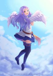 Rule 34 | 1girl, blue skirt, blue sky, cloud, day, feathered wings, fire emblem, fire emblem: the blazing blade, florina (fire emblem), from behind, full body, green eyes, highres, long hair, looking back, nintendo, open mouth, purple hair, skirt, sky, snowsakurachan, solo, twitter username, white wings, wings