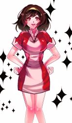 Rule 34 | 1girl, bad id, bad pixiv id, brown eyes, brown hair, devilman, dress, hairband, hands on own hips, makimura miki, matching hair/eyes, oden (dofuko), open mouth, red dress, short hair, smile, solo