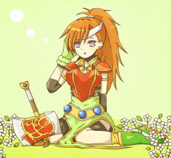 Rule 34 | 1girl, armor, axe, belt, breasts, cleavage, earrings, flower, gloves, green background, jewelry, long hair, mary argent, open mouth, orange hair, ponytail, purple eyes, shoes, tales of (series), tales of destiny, weapon