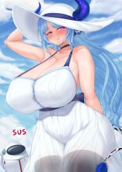 Rule 34 | 1girl, amogus, animal ears, black thighhighs, blue eyes, blue hair, blue horns, blue sky, breasts, cloud, cow ears, cow girl, cow horns, cow tail, cream cod, crewmate (among us), day, dress, hat, heart, heart-shaped pupils, highres, horns, huge breasts, indie virtual youtuber, licking lips, long hair, miilkywayz, outdoors, sky, sleeveless, sleeveless dress, smile, standing, sun hat, sundress, symbol-shaped pupils, tail, thighhighs, tongue, tongue out, virtual youtuber, white dress, white headwear