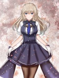 Rule 34 | 1girl, blonde hair, blue dress, blue eyes, blue necktie, braid, breasts, brown thighhighs, collared dress, commentary, double bun, dress, english commentary, gloves, hair bun, highres, kantai collection, long hair, medium breasts, necktie, ranger (kancolle), roko roko (doradorazz), short sleeves, side braids, smile, solo, standing, thighhighs, two-tone dress, white dress, white gloves