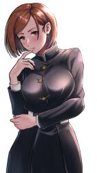 1girl black_jacket black_skirt breasts brown_eyes brown_hair buttons closed_mouth commentary_request cowboy_shot finger_to_mouth high_collar highres jacket jujutsu_kaisen jujutsu_tech_uniform kugisaki_nobara kwrrrrrr long_sleeves looking_at_viewer medium_breasts pleated_skirt shirt short_hair simple_background skirt solo standing swept_bangs white_background white_shirt