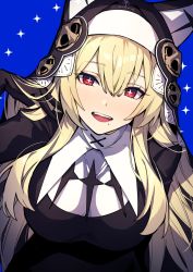 Rule 34 | animal ears, black dress, black gloves, blonde hair, breasts, bright pupils, cross, dress, eyelashes, gloves, hair flip, highres, large breasts, long bangs, long hair, long sleeves, looking at viewer, mephisto (angraecum), mole, mole under mouth, nun, open mouth, original, red eyes, smile, teeth, upper teeth only, white pupils, wide sleeves, x