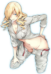 Rule 34 | 1girl, belt, blonde hair, blue eyes, blush, breasts, censored, cleavage, collarbone, convenient censoring, cowboy shot, cropped legs, drill hair, groin, hair over one eye, hand on own hip, highres, holding, large breasts, leaning forward, long hair, long sleeves, midriff, mouth hold, nanao (mahaya), navel, no panties, oriana thomason, partially visible vulva, sleeves rolled up, solo, toaru majutsu no index, unbuttoned, white background