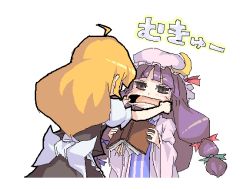 Rule 34 | 2girls, ahoge, blonde hair, blunt bangs, book, bow, brown eyes, cheek pull, crescent, crescent moon, crescent pin, female focus, from behind, hat, kirisame marisa, moon, mouth pull, multiple girls, oekaki, patchouli knowledge, purple hair, touhou, white bow