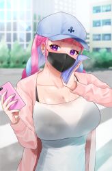 Rule 34 | 1girl, air pods, aqua nails, baseball cap, black bra, blue hat, blunt bangs, blurry, blurry background, blush, bra, braid, breasts, cardigan, cellphone, cleavage, collarbone, commentary request, covered mouth, day, depth of field, frikulu, hat, highres, holding, holding phone, hololive, impossible clothes, impossible shirt, large breasts, long hair, long sleeves, looking at viewer, mask, minato aqua, mouth mask, multicolored hair, nail polish, open cardigan, open clothes, outdoors, phone, pink cardigan, pink hair, purple eyes, purple hair, see-through, shirt, smartphone, solo, twin braids, two-tone hair, underwear, upper body, virtual youtuber, white shirt, wiping sweat