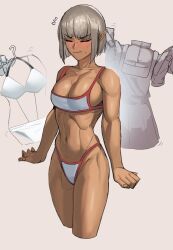 Rule 34 | 1girl, blush, character request, copyright request, dark elf, elf, grey hair, highres, light blush, muscular, muscular female, pointy ears, soolee040995, tomboy