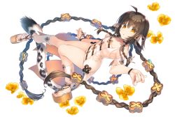 Rule 34 | 1girl, absurdly long hair, ahoge, animal ears, anju (utawarerumono), aquaplus, braid, breasts, brown hair, choker, cleavage, collarbone, detached sleeves, feet, flower, from above, full body, hair ornament, heels, highres, long hair, looking at viewer, mitsumi misato, official art, orange eyes, parted lips, raised eyebrows, sandals, sidelocks, sleeveless, small breasts, solo, spread legs, swimsuit, tail, thick thighs, thighs, transparent background, utawarerumono, utawarerumono: itsuwari no kamen, utawarerumono: lost flag, very long hair