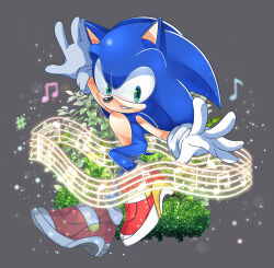 Rule 34 | 1boy, absurdres, animal ears, animal nose, artist request, blue fur, bush, falling leaves, furry, furry male, gloves, green eyes, grey background, hedgehog, hedgehog ears, hedgehog tail, highres, leaf, musical note, red footwear, sega, shoes, short tail, simple background, smile, snout, soap shoes, solo, sonic (series), sonic the hedgehog, sparkle, sparkling eyes, tail, white gloves