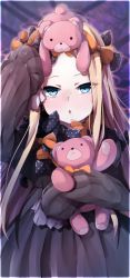 Rule 34 | 1girl, abigail williams (fate), bad id, bad pixiv id, black bow, black dress, black hat, blonde hair, blue eyes, blush, bow, chestnut mouth, dress, eyes visible through hair, fate/grand order, fate (series), forehead, hair bow, hat, head tilt, highres, hugging object, long hair, long sleeves, looking at viewer, nose blush, on head, orange bow, parted bangs, parted lips, polka dot, polka dot bow, sleeves past wrists, solo, stuffed animal, stuffed toy, teddy bear, very long hair, wada kazu