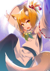 Rule 34 | 1boy, 490 (4 9 0), :d, animal ears, blonde hair, detached sleeves, eyebrows, facial mark, fang, fox ears, fox tail, jewelry, looking at viewer, magatama, male focus, necklace, open mouth, original, outstretched arms, ribbon-trimmed sleeves, ribbon trim, slit pupils, smile, solo, tail, thick eyebrows, whisker markings, yellow eyes