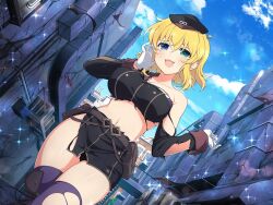 Rule 34 | 1girl, :3, air conditioner, alley, armpit crease, balcony, bare shoulders, belt pouch, black hat, black skirt, blonde hair, blue eyes, blue sky, blush, breasts, building, city, cleavage, cloud, collarbone, cowboy shot, crack, day, dutch angle, game cg, gloves, green eyes, hair between eyes, hat, hebijo academy uniform, heterochromia, industrial, industrial pipe, large breasts, light particles, linea alba, looking at viewer, midriff, military uniform, mini hat, miniskirt, navel, official alternate costume, official art, open mouth, outdoors, pencil skirt, pouch, purple thighhighs, railing, ryouna (senran kagura), school uniform, senran kagura, senran kagura new link, senran kagura shinovi versus, shiny skin, short hair, skirt, sky, smile, solo, sparkle, standing, stomach, thighhighs, third-party source, torn clothes, torn skirt, torn thighhighs, uniform, white gloves, window, yaegashi nan