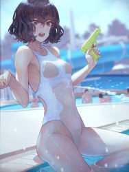 Rule 34 | 1girl, black eyes, black hair, breasts, competition swimsuit, highres, holding, holding water gun, kaoming, navel, one-piece swimsuit, open mouth, original, poolside, see-through, short hair, sitting, solo focus, swimsuit, teeth, water, water gun, white one-piece swimsuit