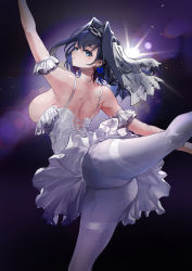 Rule 34 | 1girl, absurdres, ballerina, ballet, blue eyes, blue hair, bow, bow earrings, breasts, dress, earrings, gloves, hair intakes, hair ornament, highres, hololive, hololive english, jewelry, large breasts, leotard, lights, medium hair, ouro kronii, pantyhose, short hair, sideboob, solo, standing, tutu, virtual youtuber, vyragami, white leotard