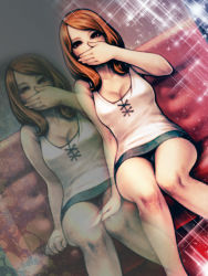 Rule 34 | 1girl, bare shoulders, breasts, cleavage, couch, covering own mouth, dutch angle, hand over mouth, hand over own mouth, hanji (hansi), hansi, highres, hip focus, legs, neat hair, orange eyes, orange hair, original, panties, pantyshot, shirt, sitting, skirt, sleeveless, sleeveless shirt, solo, underwear, upskirt