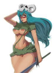 Rule 34 | 1girl, arrancar, artist request, bent over, bleach, blush, breasts, curvy, facial mark, green hair, highres, large breasts, nelliel tu odelschwanck, nipples, no bra, no panties, puffy nipples, shiny skin, short hair, skindentation, skull, solo, source request, weapon
