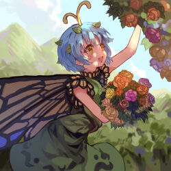Rule 34 | 1girl, absurdres, antennae, aqua hair, butterfly wings, dress, eternity larva, fairy, flower, green dress, highres, insect wings, leaf, leaf on head, multicolored clothes, multicolored dress, open mouth, orange flower, pink flower, purple flower, rangque (user vjjs4748), red flower, short hair, short sleeves, smile, solo, touhou, wings, yellow eyes, yellow flower