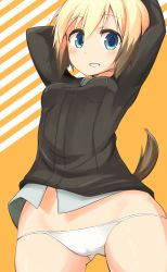 Rule 34 | 1girl, :d, aqua eyes, arms up, blonde hair, blush, breasts, brown hair, dog tail, dosu (doseven), erica hartmann, female focus, grin, highres, jacket, long sleeves, looking at viewer, military, military uniform, multicolored hair, open mouth, panties, shirt, short hair, smile, solo, standing, strike witches, tail, two-tone hair, underwear, uniform, white panties, world witches series