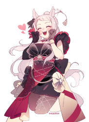 Rule 34 | 1girl, afterimage, animal ears, asymmetrical gloves, black dress, black gloves, blush stickers, bow, closed eyes, commentary, cowboy shot, dress, ear bow, ear wiggle, elbow gloves, evening gown, gem, ggubii0225, gloves, gold ship (la mode 564) (umamusume), gold ship (umamusume), grey pantyhose, hair ornament, hair stick, heart, highres, horse ears, horse tail, jaggy lines, jewelry, korean commentary, lace, lace gloves, light brown hair, long hair, mismatched gloves, motion lines, necklace, official alternate costume, official alternate hairstyle, pantyhose, pearl (gemstone), sidelocks, simple background, single elbow glove, solo, tail, tassel, teeth, twitter username, umamusume, uneven gloves, upper teeth only, white background