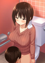 Rule 34 | 1boy, 1girl, blush, bottomless, breasts, brown eyes, brown hair, brown sweater, collarbone, covered erect nipples, cunnilingus, hetero, highres, hiyori hamster, hypnosis, large breasts, looking at another, looking down, mask, mask pull, mind control, mouth mask, oral, original, ribbed sweater, short hair, sitting, solo focus, surgical mask, sweat, sweater, toilet