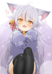 Rule 34 | 1girl, :d, ahoge, animal ear fluff, animal ears, bell, black collar, black thighhighs, blush, collar, collarbone, commentary request, fang, feet out of frame, fox ears, grey shirt, hair bell, hair between eyes, hair ornament, hair ribbon, heart, jigatei (omijin), jingle bell, kamiko kana, knees up, long sleeves, looking at viewer, multicolored hair, neck bell, open mouth, orange eyes, red hair, red ribbon, ribbon, shirt, short eyebrows, silver hair, simple background, sitting, sleeves past fingers, sleeves past wrists, smile, solo, streaked hair, thick eyebrows, thighhighs, tsunderia, virtual youtuber, white background