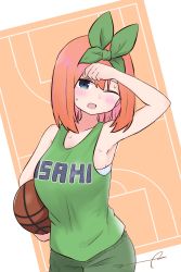 Rule 34 | 1girl, ;d, arm up, armpits, ball, bare arms, bare shoulders, basketball, basketball (object), basketball court, basketball jersey, basketball uniform, blue eyes, blush, breasts, brown background, carrying, carrying under arm, collarbone, commentary request, eyebrows hidden by hair, go-toubun no hanayome, green ribbon, green shorts, hair between eyes, hair ribbon, highres, kujou karasuma, looking at viewer, medium breasts, nakano yotsuba, one eye closed, open mouth, orange hair, ribbon, shorts, signature, smile, solo, sportswear, sweat, two-tone background, white background, wiping forehead, wiping sweat