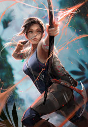 Rule 34 | 1girl, aiming, arrow (projectile), backpack, bag, bandaged arm, bandages, blue eyes, blue tank top, bow (weapon), breasts, brown hair, brown pants, commentary, english commentary, highres, holding, holding bow (weapon), holding weapon, ice axe, knee pads, lara croft, lips, long hair, medium breasts, official art, pants, ponytail, rain, ross tran, solo, tank top, tomb raider, tomb raider (reboot), twisted torso, weapon